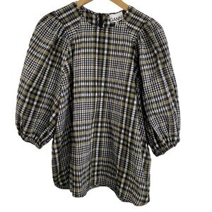 Ganni Top Womens 42 Black Olive Plaid Puff Sleeve Blouse Climate Compensated